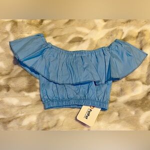 Parrot Sky Blue Off-Shoulder Ruffle Tank